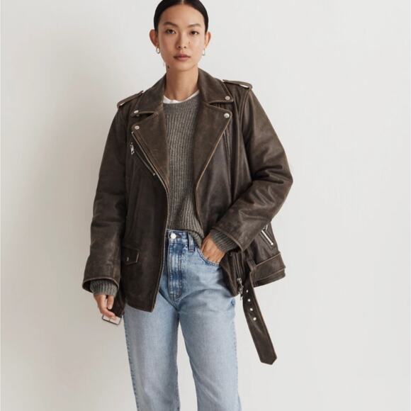 NEW Madewell Distressed Leather Oversized Motorcycle Jacket - Picture 2 of 15
